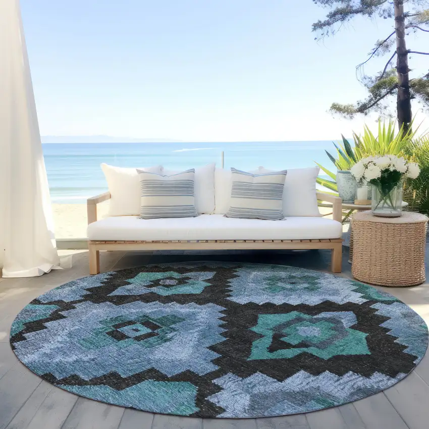 8' Teal Blue And Charcoal Round Aztec Washable Indoor Outdoor Area Rug Photo 5