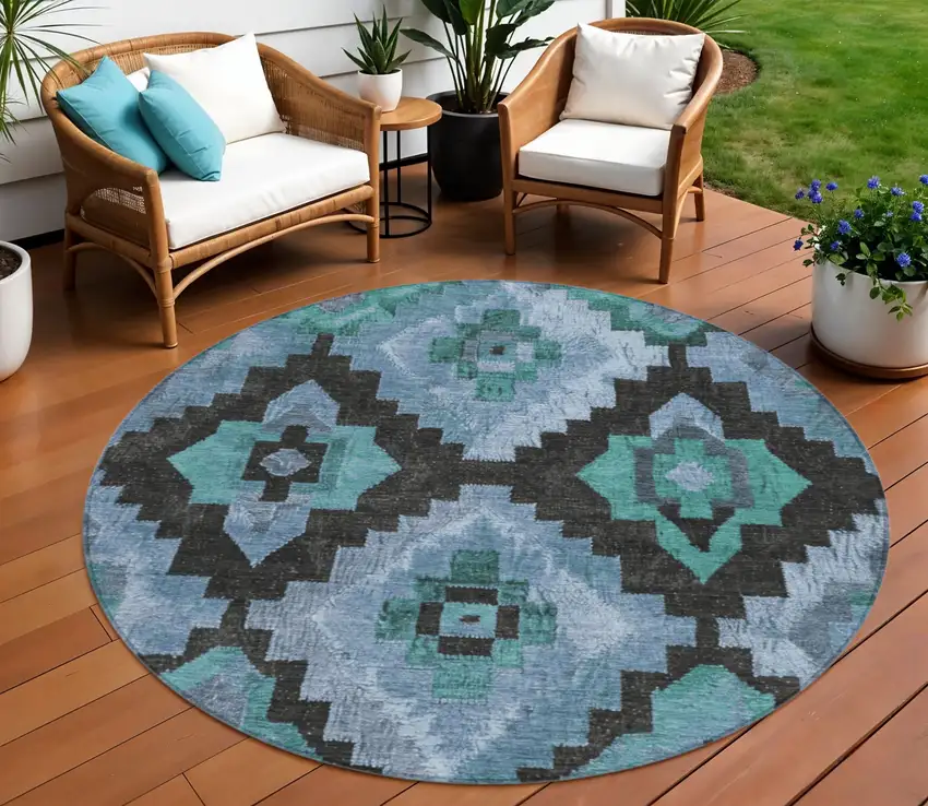 8' Teal Blue And Charcoal Round Aztec Washable Indoor Outdoor Area Rug Photo 2