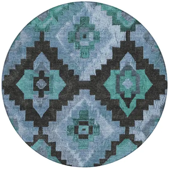 8' Teal Blue And Charcoal Round Aztec Washable Indoor Outdoor Area Rug Photo 3