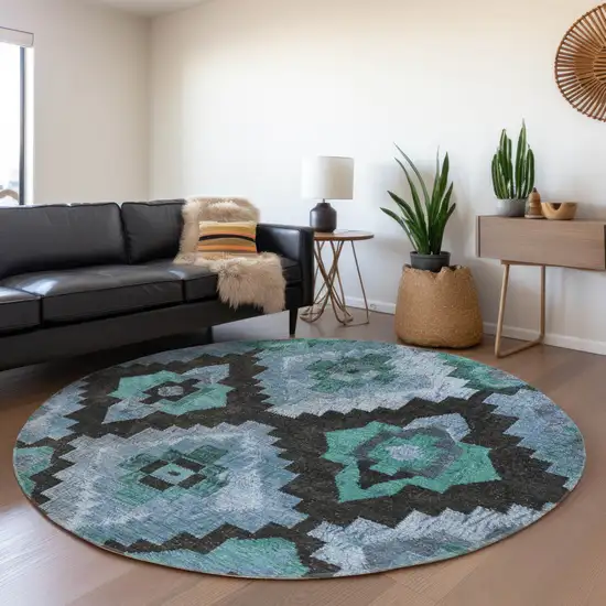 8' Teal Blue And Charcoal Round Aztec Washable Indoor Outdoor Area Rug Photo 6