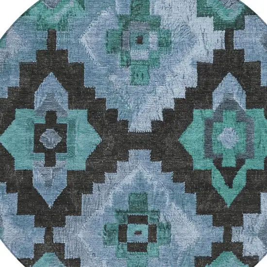 8' Teal Blue And Charcoal Round Aztec Washable Indoor Outdoor Area Rug Photo 8