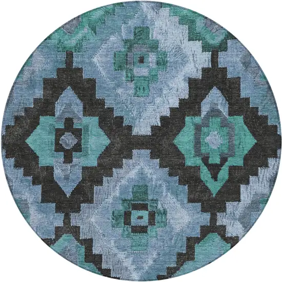 8' Teal Blue And Charcoal Round Aztec Washable Indoor Outdoor Area Rug Photo 1