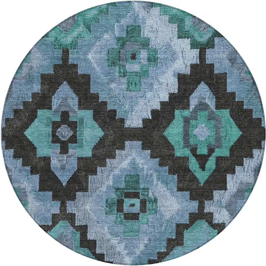 8' Teal Blue And Charcoal Round Aztec Washable Indoor Outdoor Area Rug Photo 1