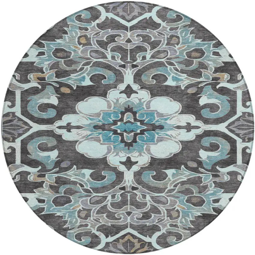 8' Teal Blue And Charcoal Round Damask Washable Indoor Outdoor Area Rug Photo 1