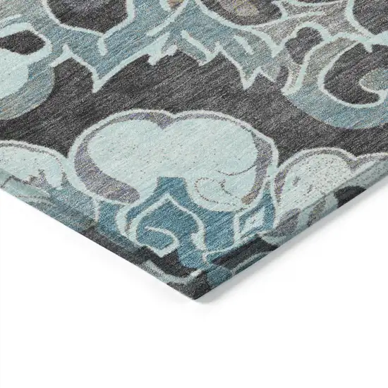 8' Teal Blue And Charcoal Round Damask Washable Indoor Outdoor Area Rug Photo 7