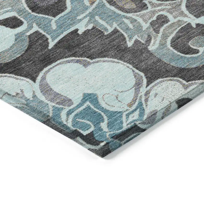 8' Teal Blue And Charcoal Round Damask Washable Indoor Outdoor Area Rug Photo 7