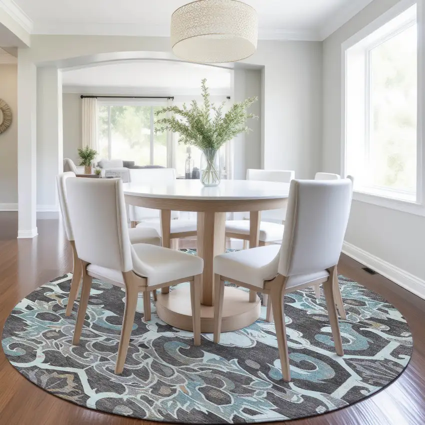 8' Teal Blue And Charcoal Round Damask Washable Indoor Outdoor Area Rug Photo 6