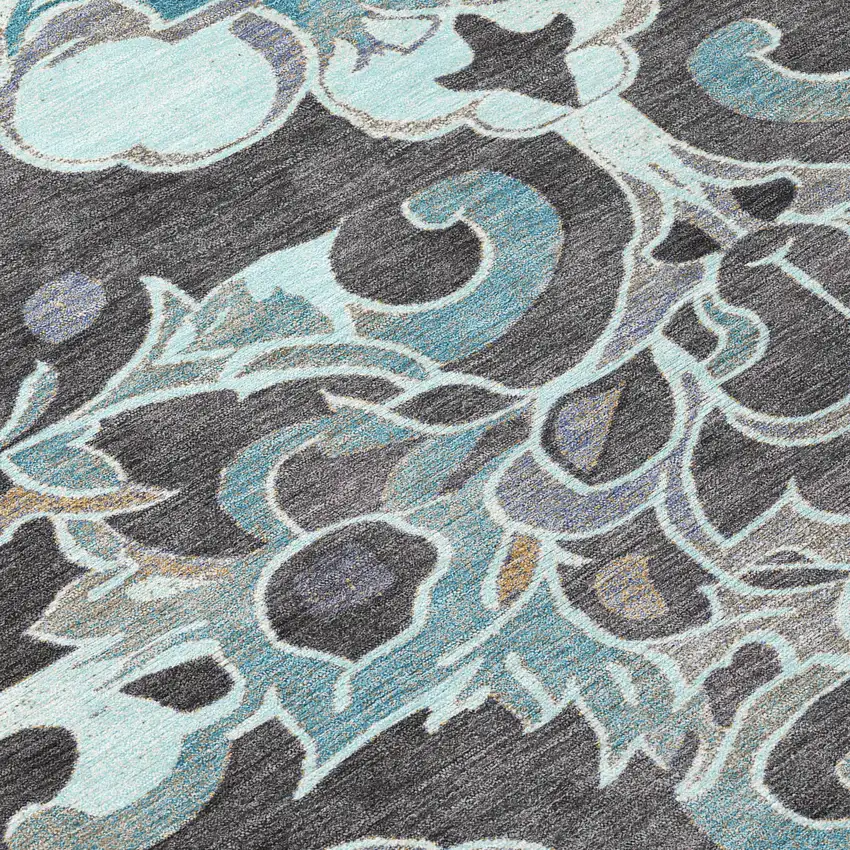8' Teal Blue And Charcoal Round Damask Washable Indoor Outdoor Area Rug Photo 8