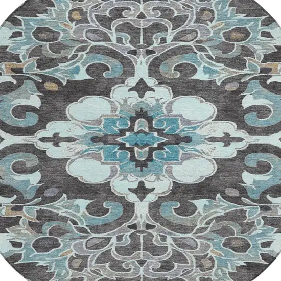 8' Teal Blue And Charcoal Round Damask Washable Indoor Outdoor Area Rug Photo 4