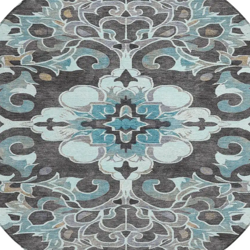 8' Teal Blue And Charcoal Round Damask Washable Indoor Outdoor Area Rug Photo 4