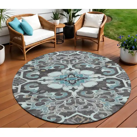 8' Teal Blue And Charcoal Round Damask Washable Indoor Outdoor Area Rug Photo 2