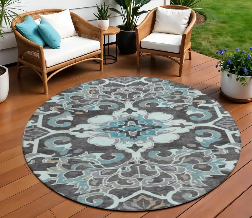 8' Teal Blue And Charcoal Round Damask Washable Indoor Outdoor Area Rug Photo 2