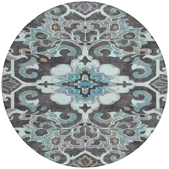 8' Teal Blue And Charcoal Round Damask Washable Indoor Outdoor Area Rug Photo 3