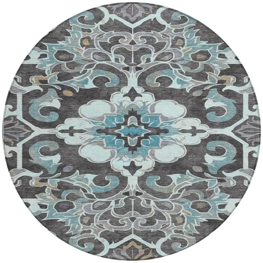 8' Teal Blue And Charcoal Round Damask Washable Indoor Outdoor Area Rug Photo 3