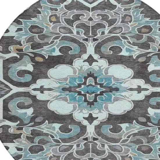 8' Teal Blue And Charcoal Round Damask Washable Indoor Outdoor Area Rug Photo 8