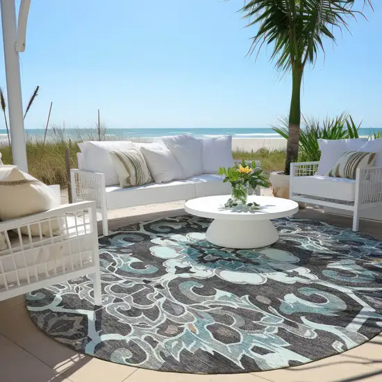8' Teal Blue And Charcoal Round Damask Washable Indoor Outdoor Area Rug Photo 5