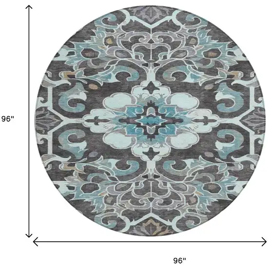 8' Teal Blue And Charcoal Round Damask Washable Indoor Outdoor Area Rug Photo 9