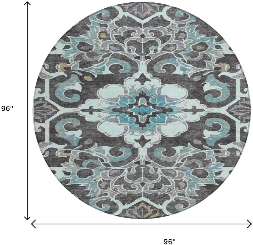 8' Teal Blue And Charcoal Round Damask Washable Indoor Outdoor Area Rug Photo 9