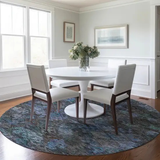 8' Teal Blue And Charcoal Round Floral Washable Indoor Outdoor Area Rug Photo 9