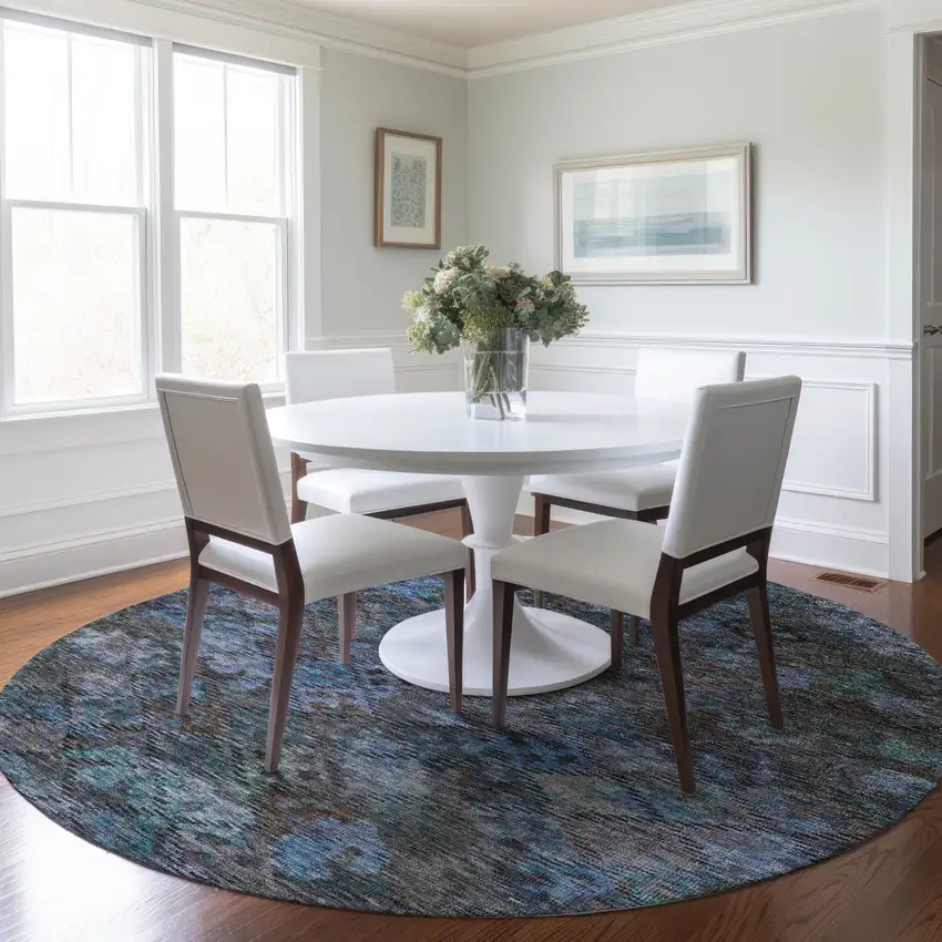 8' Teal Blue And Charcoal Round Floral Washable Indoor Outdoor Area Rug Photo 9