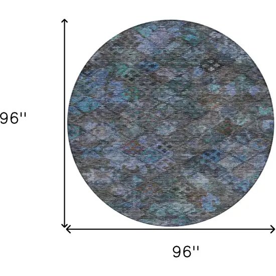 8' Teal Blue And Charcoal Round Floral Washable Indoor Outdoor Area Rug Photo 8