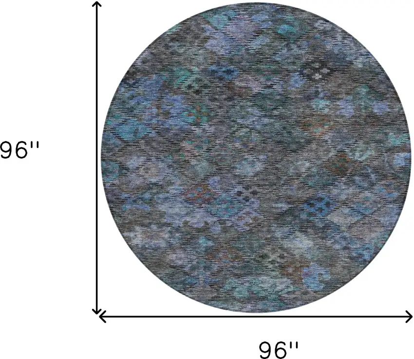 8' Teal Blue And Charcoal Round Floral Washable Indoor Outdoor Area Rug Photo 8