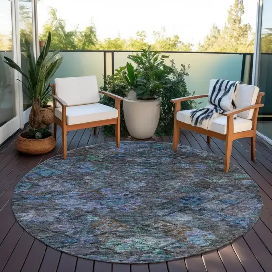 8' Teal Blue And Charcoal Round Floral Washable Indoor Outdoor Area Rug Photo 8