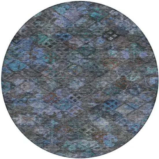 8' Teal Blue And Charcoal Round Floral Washable Indoor Outdoor Area Rug Photo 2
