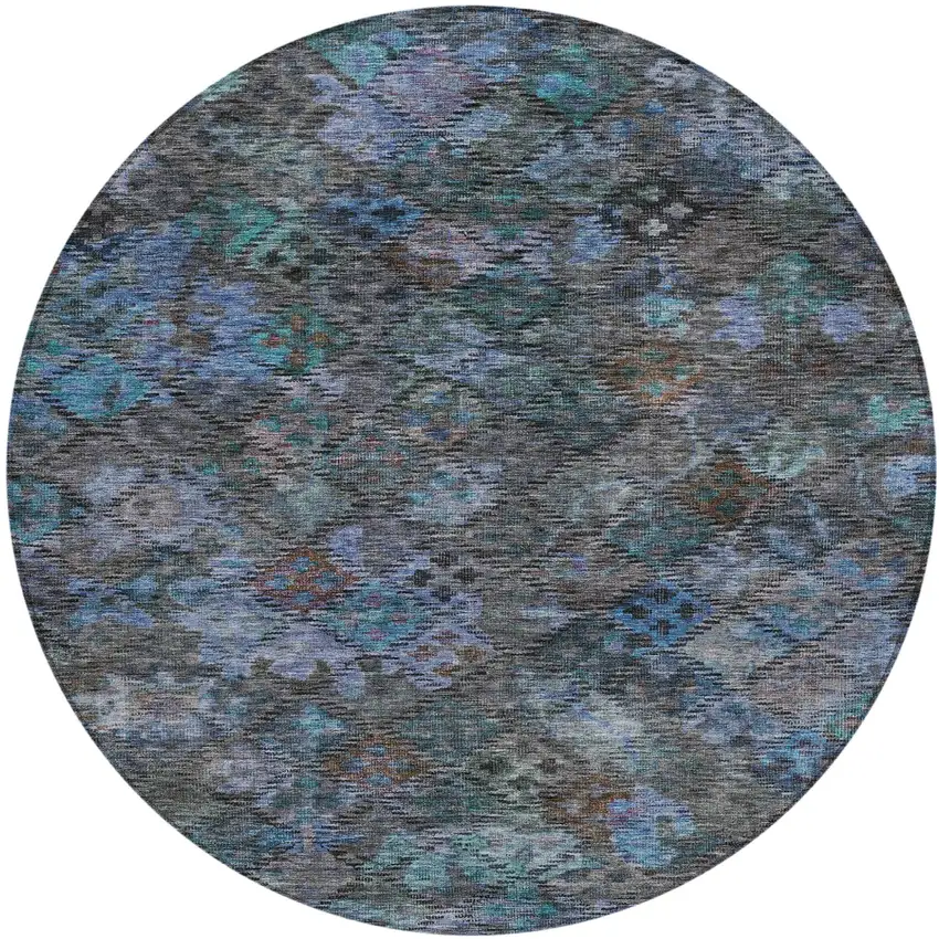 8' Teal Blue And Charcoal Round Floral Washable Indoor Outdoor Area Rug Photo 2