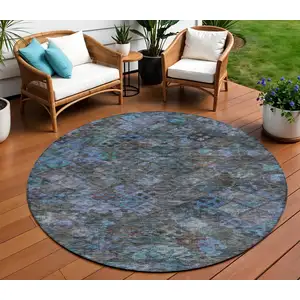 Photo of 8' Teal Blue And Charcoal Round Floral Washable Indoor Outdoor Area Rug
