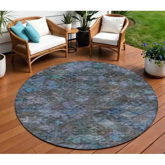 8' Teal Blue And Charcoal Round Floral Washable Indoor Outdoor Area Rug Photo 1
