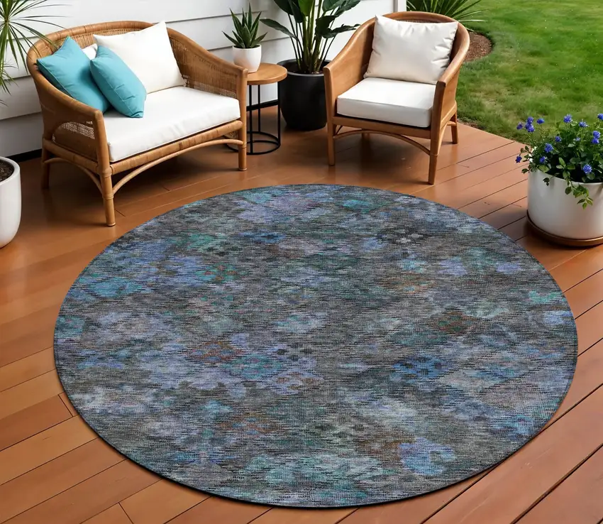8' Teal Blue And Charcoal Round Floral Washable Indoor Outdoor Area Rug Photo 1