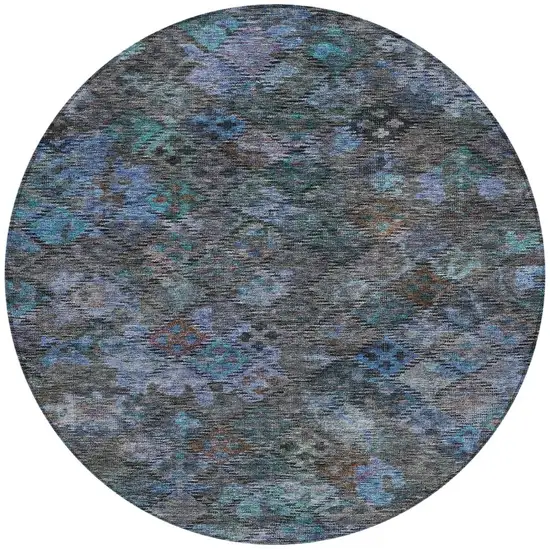 8' Teal Blue And Charcoal Round Floral Washable Indoor Outdoor Area Rug Photo 7