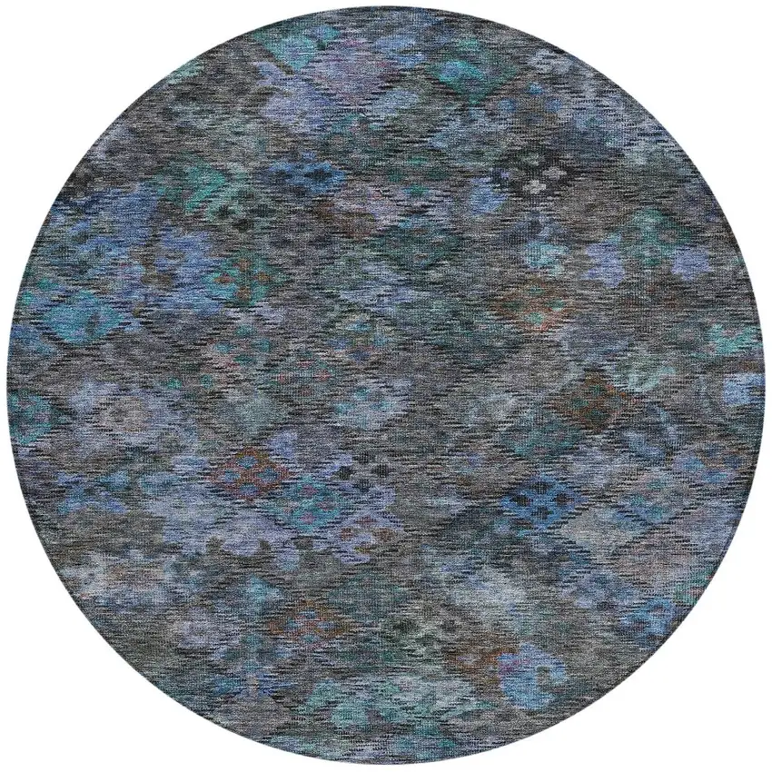 8' Teal Blue And Charcoal Round Floral Washable Indoor Outdoor Area Rug Photo 7