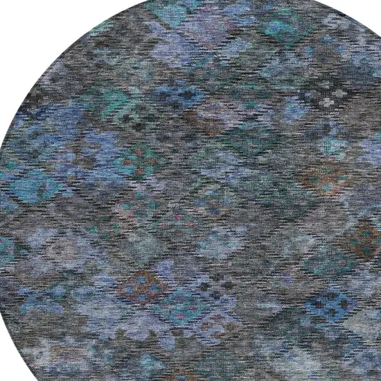 8' Teal Blue And Charcoal Round Floral Washable Indoor Outdoor Area Rug Photo 6