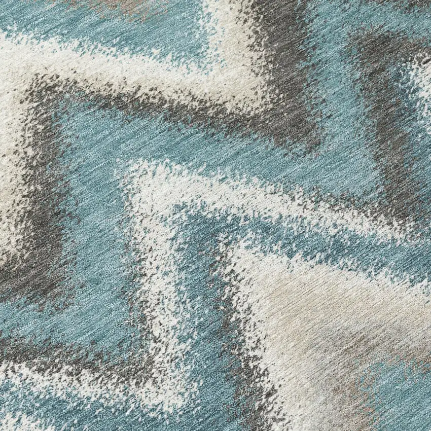 8' Teal Blue And Charcoal Round Geometric Washable Indoor Outdoor Area Rug Photo 5