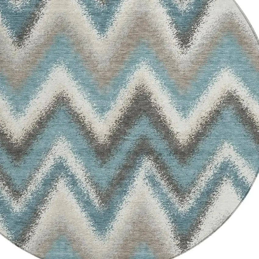 8' Teal Blue And Charcoal Round Geometric Washable Indoor Outdoor Area Rug Photo 2