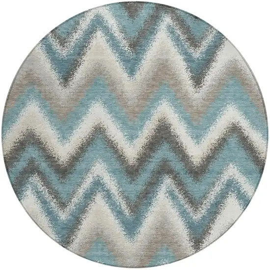 8' Teal Blue And Charcoal Round Geometric Washable Indoor Outdoor Area Rug Photo 1