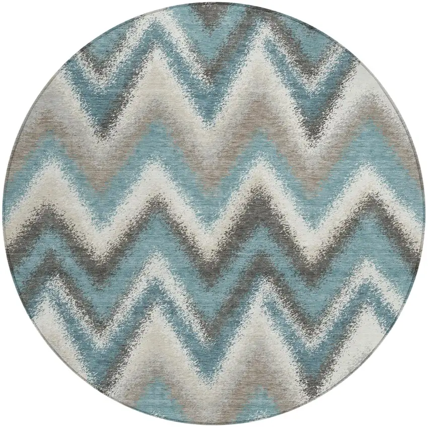 8' Teal Blue And Charcoal Round Geometric Washable Indoor Outdoor Area Rug Photo 1
