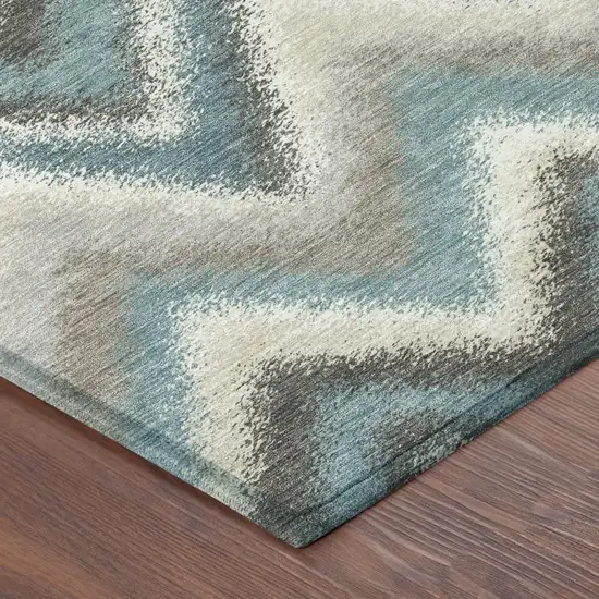 8' Teal Blue And Charcoal Round Geometric Washable Indoor Outdoor Area Rug Photo 4