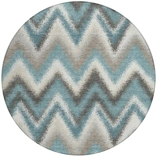 8' Teal Blue And Charcoal Round Geometric Washable Indoor Outdoor Area Rug Photo 3