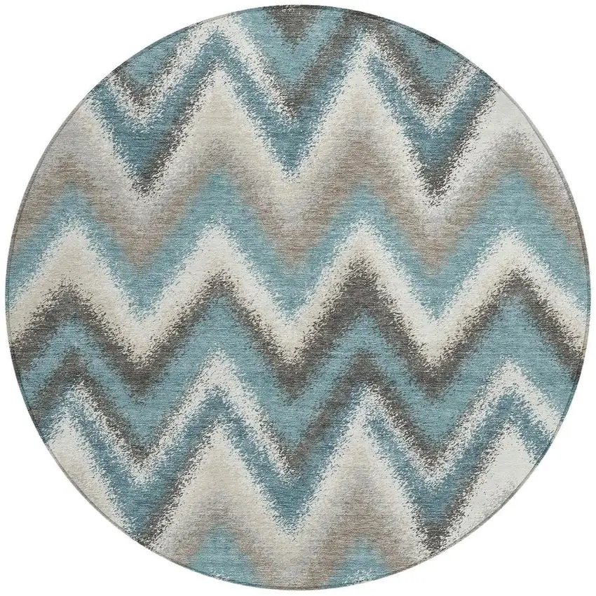 8' Teal Blue And Charcoal Round Geometric Washable Indoor Outdoor Area Rug Photo 3