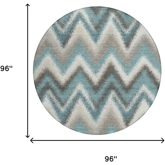 8' Teal Blue And Charcoal Round Geometric Washable Indoor Outdoor Area Rug Photo 6
