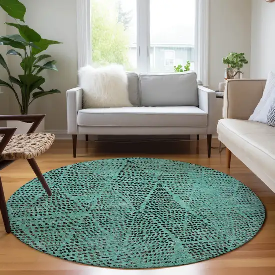 8' Teal Blue And Charcoal Round Geometric Washable Indoor Outdoor Area Rug Photo 7