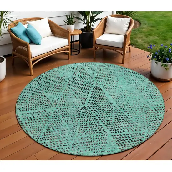 8' Teal Blue And Charcoal Round Geometric Washable Indoor Outdoor Area Rug Photo 1