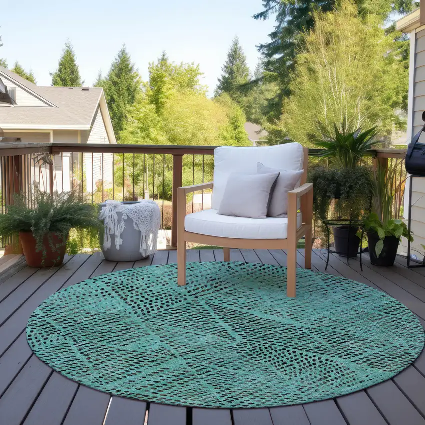 8' Teal Blue And Charcoal Round Geometric Washable Indoor Outdoor Area Rug Photo 6