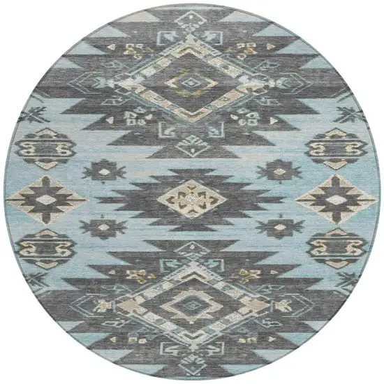 8' Teal Blue And Charcoal Round Tribal Washable Indoor Outdoor Area Rug Photo 3