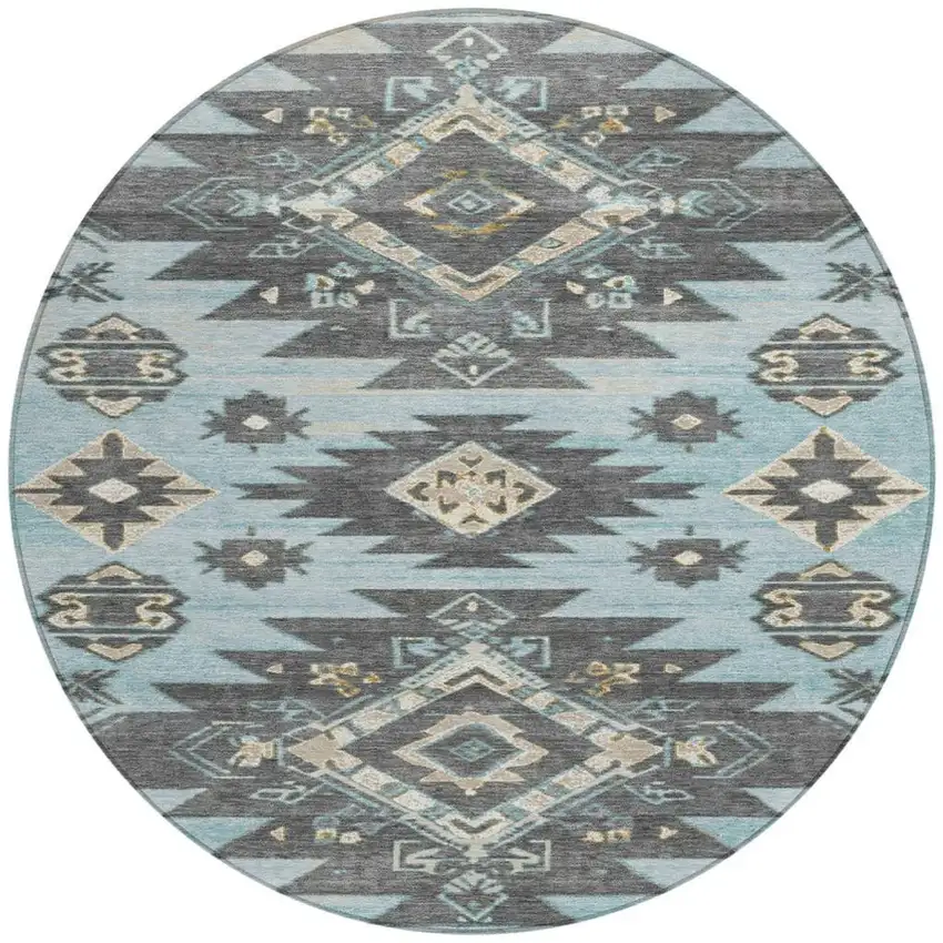 8' Teal Blue And Charcoal Round Tribal Washable Indoor Outdoor Area Rug Photo 3