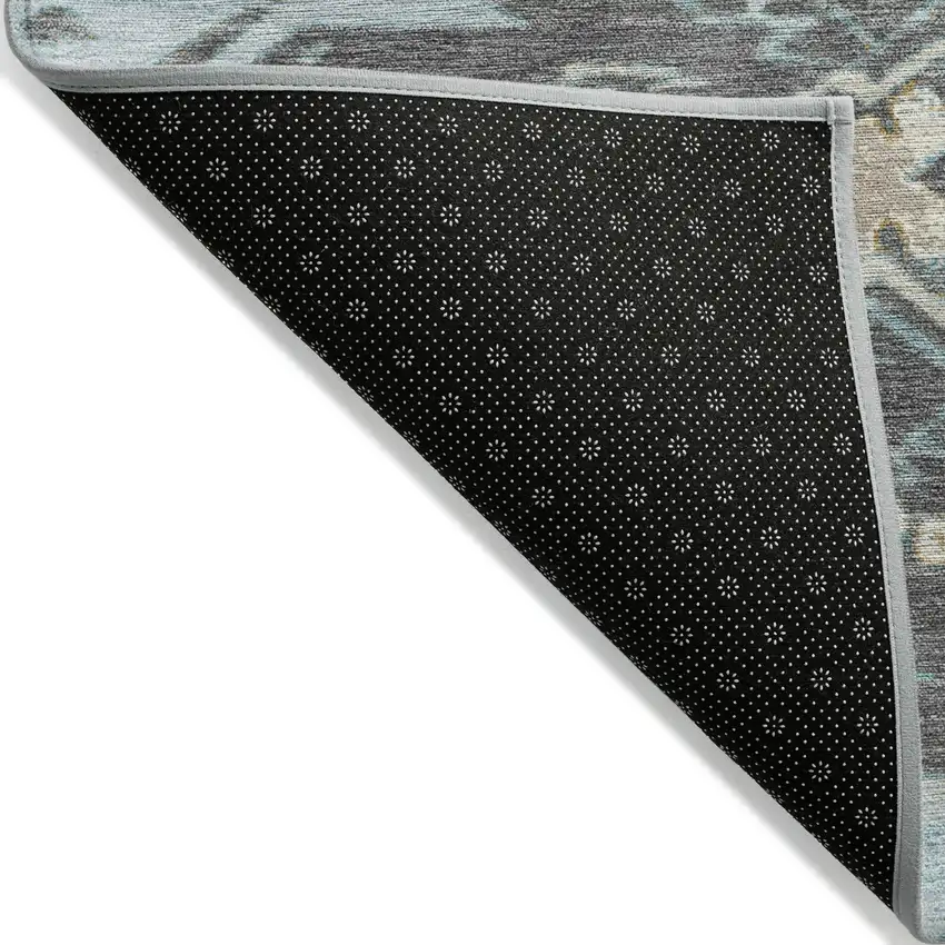 8' Teal Blue And Charcoal Round Tribal Washable Indoor Outdoor Area Rug Photo 8