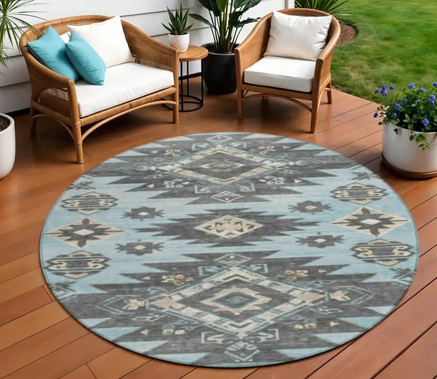 8' Teal Blue And Charcoal Round Tribal Washable Indoor Outdoor Area Rug Photo 2